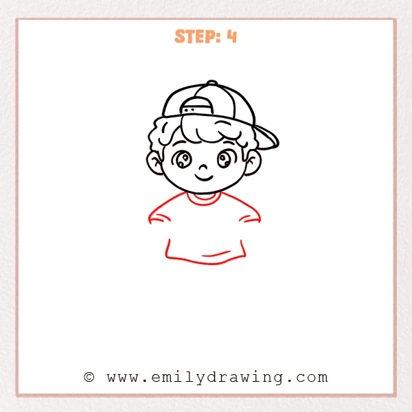 how to draw a cartoon boy - Cartoon boy with a backward cap and finished face, now with a short neck, a crewneck collar, and a simple shirt with light folds.